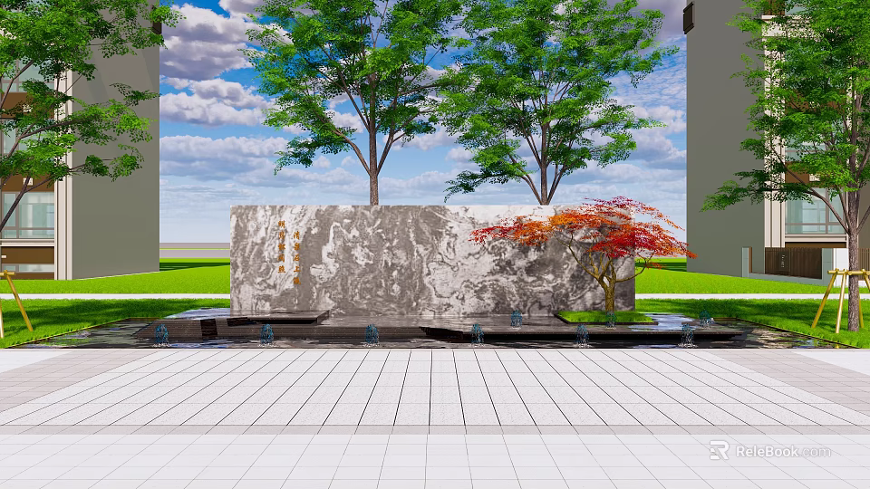 Natural Scenic Feature Wall Design With Stone Texture Trees And Green Lawn 3d model 
