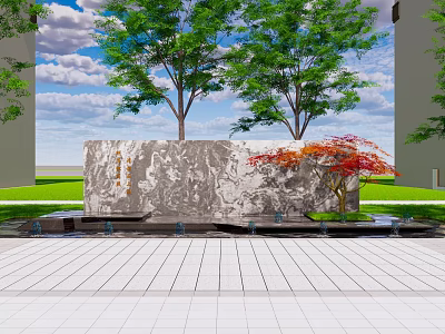 Natural Scenic Feature Wall Design With Stone Texture Trees And Green Lawn 3d model