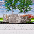 Natural Scenic Feature Wall Design With Stone Texture Trees And Green Lawn
