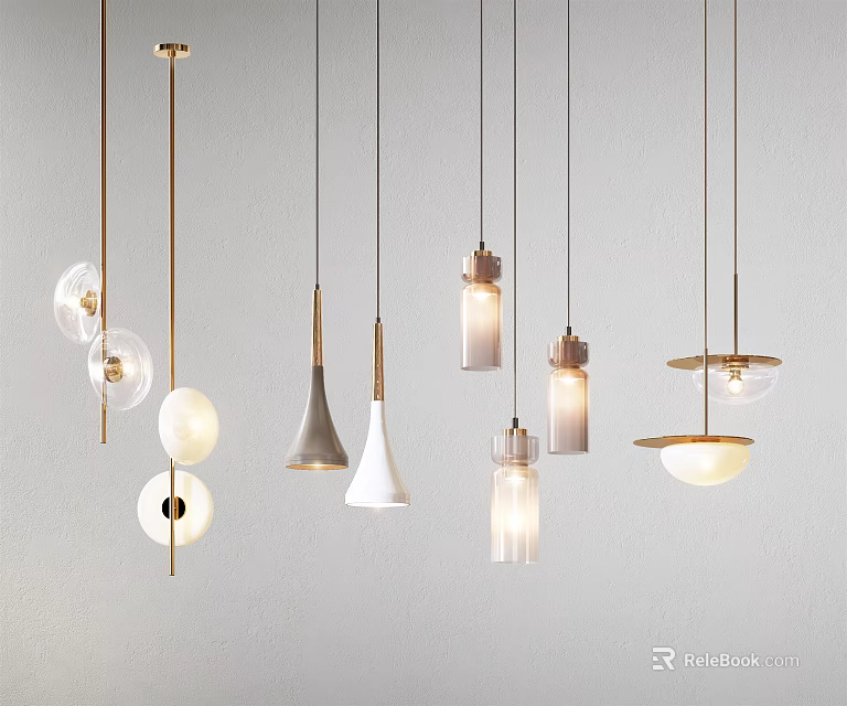 Various Modern Pendant Lights With Different Shapes And Metallic Accents For Interior Decoration 3d model 