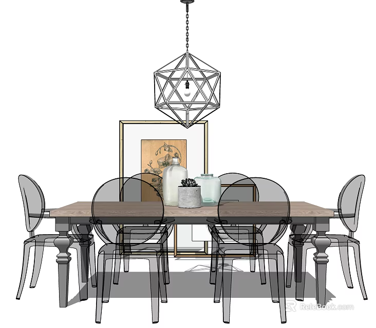 Modern Dining Table Set With Six Transparent Chairs Geometric Pendant Light And Framed Painting 3d model 