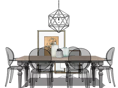 Modern Dining Table Set With Six Transparent Chairs Geometric Pendant Light And Framed Painting 3d model