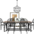 Modern Dining Table Set With Six Transparent Chairs Geometric Pendant Light And Framed Painting