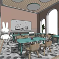 Cheerful Kindergarten Interior With Pink Walls Arched Windows Green Tables Wooden Chairs And Rabbit Figure