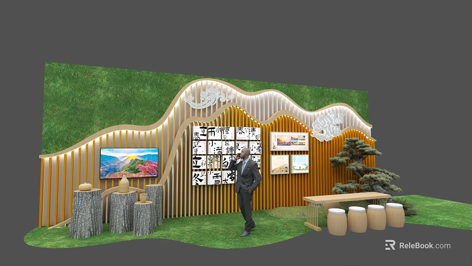 Exhibition Hall Cultural Wall Featuring Wooden Wave Structure And Rural Culture Displays With Green Background 3d model 
