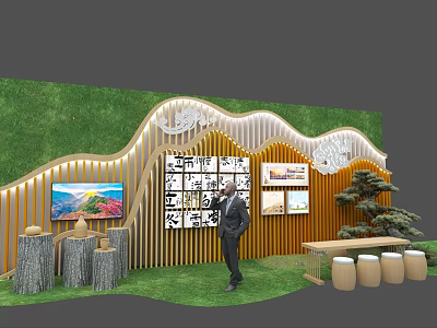 Exhibition Hall Cultural Wall Featuring Wooden Wave Structure And Rural Culture Displays With Green Background 3d model