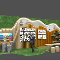Exhibition Hall Cultural Wall Featuring Wooden Wave Structure And Rural Culture Displays With Green Background
