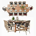 Rustic Wooden Dining Table Set With Rattan Chairs Tableware Green Plant And Decorative Stand