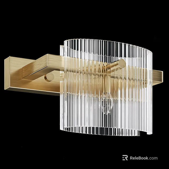 Modern Elegant Golden Metal Wall Sconce With Transparent Vertical Striped Glass Shade 3d model 