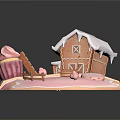 Festive Gingerbread House Scene With Cupcake Pink Sugar Surface Ladder Fence And Lollipop