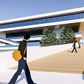 Modern Building Exterior With Glass Curtain Wall Water Pool Stairs And Tree