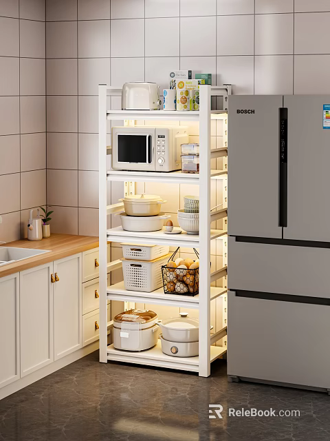 Organized Modern Kitchen Shelf With Microwave Bowls Storage Baskets Jars Refrigerator And Cabinets 3d model 