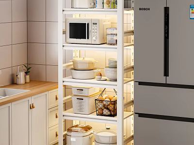 Organized Modern Kitchen Shelf With Microwave Bowls Storage Baskets Jars Refrigerator And Cabinets 3d model