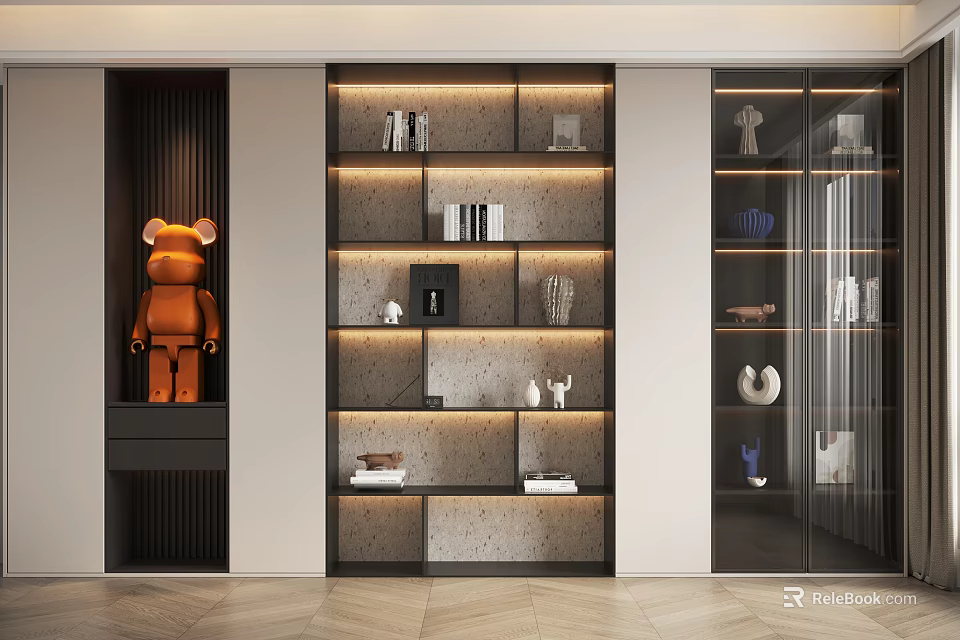 Modern Bookcase Interior Design With Open Shelves Books Decorative Items And Lighting 3d model 