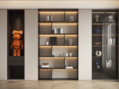 Modern Bookcase Interior Design With Open Shelves Books Decorative Items And Lighting 3d model