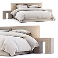 Modern Double Bed Design With Wooden Headboard And Light Colored Bedding