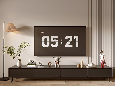 Modern TV Stand With Flat Screen TV Green Plant Floor Lamp And Decorative Items 3d model