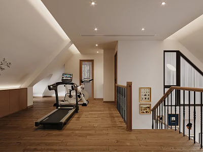 Attic Home Gym With Fitness Equipment And Wooden Flooring 3d model