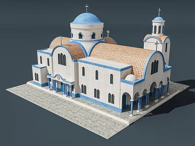 White And Blue Church Building With Domes Crosses Arched Windows And Stone Paved Ground 3d model