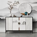 Chinese Style Console Table and Side Cabinet with Mountain Landscape Wall Round Mirror and Vase