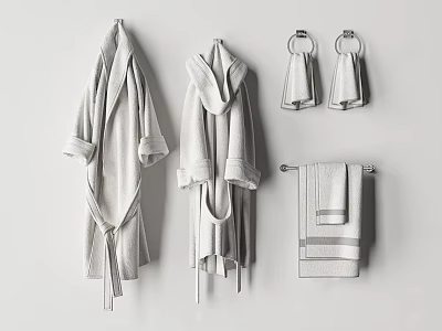 White Bathrobes and Towels Set Hanging on Bathroom Wall for Cozy Home Use 3d model