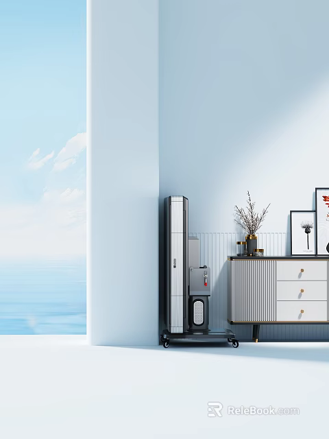 Light Blue Wall Interior With Sea View Window Silver Appliance And Decorative Cabinet 3d model 