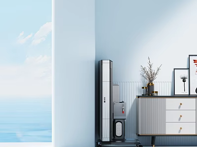 Light Blue Wall Interior With Sea View Window Silver Appliance And Decorative Cabinet 3d model