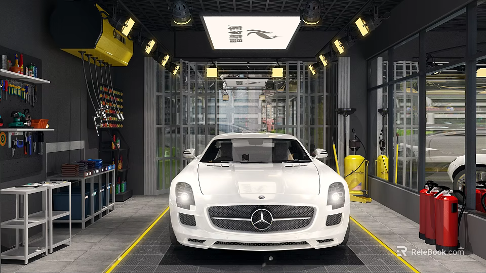 White Mercedes Sports Car At Modern Auto Dealership With Service Tools And Lighting 3d model 