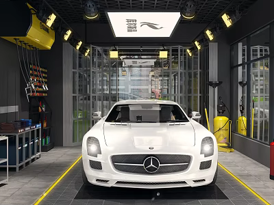 White Mercedes Sports Car At Modern Auto Dealership With Service Tools And Lighting 3d model