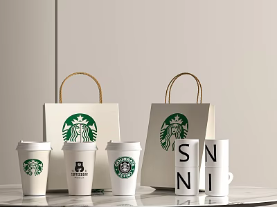 Starbucks Coffee Cups Display With Branded Paper Bags And White Tabletop Arrangement 3d model