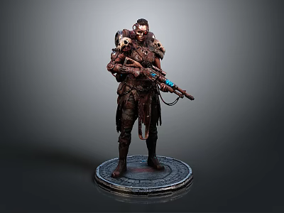 Warrior Character Model With Tattered Skeleton Armor Holding Blue Accent Weapon Standing On Round Base 3d model