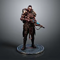 Warrior Character Model With Tattered Skeleton Armor Holding Blue Accent Weapon Standing On Round Base