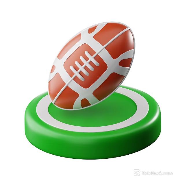 Brown And White Rugby Ball Sports Equipment On Green Circular Base 3d model 
