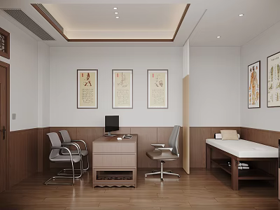 Modern Hospital Outpatient Clinic Interior With Wooden Walls Desk Computer And Wall Paintings 3d model