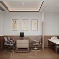 Modern Hospital Outpatient Clinic Interior With Wooden Walls Desk Computer And Wall Paintings