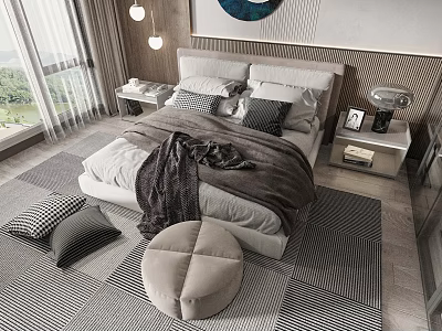 Modern Bedroom Double Bed With Gray Tones Rug Nightstand Table Lamp And Decorative Art 3d model