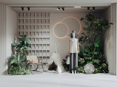 Stylish Shop Window Display With Mannequin Green Plants Grid Shelf Circular Lights And Teepee Chair 3d model