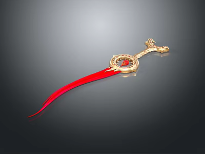 Decorative Golden Weapon With Red Ribbon Dragon Head And Circular Ornament Design 3d model