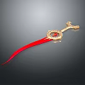 Decorative Golden Weapon With Red Ribbon Dragon Head And Circular Ornament Design