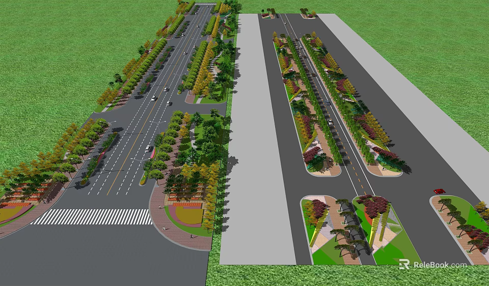 Municipal Road Landscaped Design With Green Belts Traffic Lanes Sidewalks And Trees 3d model 