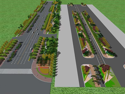 Municipal Road Landscaped Design With Green Belts Traffic Lanes Sidewalks And Trees 3d model