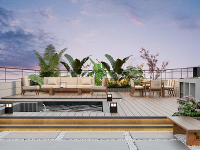 Serene Roof Garden With Swimming Pool Sofa Plants And Deck Furniture At Sunset 3d model