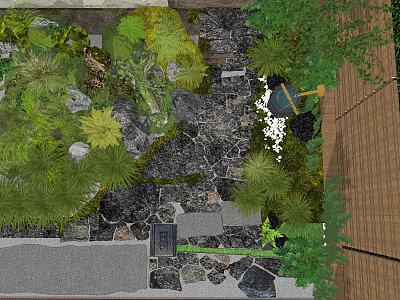 Garden Ornament Design With Lush Plants Stone Pathway Mossy Rocks And Decorative Elements 3d model