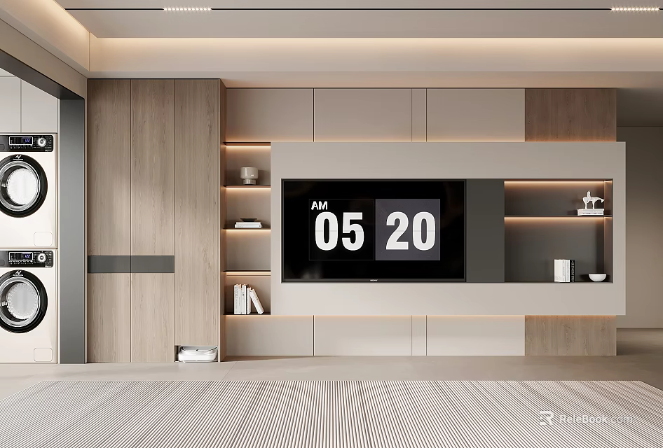 Modern Living Room TV Wall Design With Digital Clock Wooden Panels And Built in Shelves 3d model 