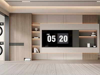 Modern Living Room TV Wall Design With Digital Clock Wooden Panels And Built in Shelves 3d model