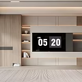 Modern Living Room TV Wall Design With Digital Clock Wooden Panels And Built in Shelves