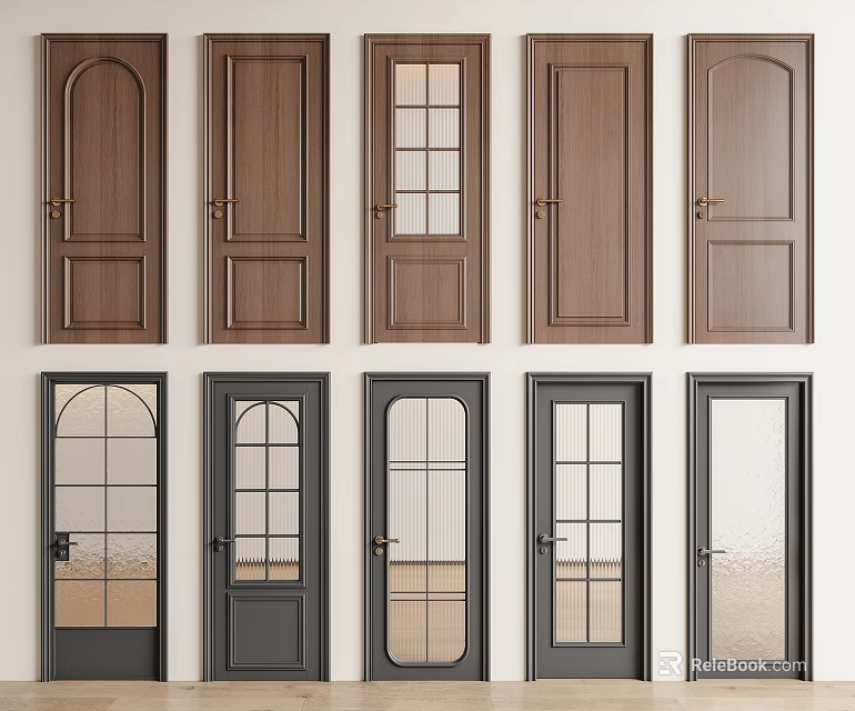 Various Designs of Wooden and Dark Colored Hinged Doors with Glass Panels and Decorative Details 3d model 