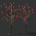 Red Lanterns Hanging On Trees With White String Lights Against Gray Background 3d model