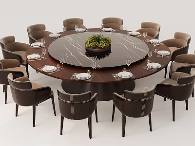 Elegant Modern Dining Table And Chairs Set With Round Table Central Potted Plant And Dinnerware 3d model