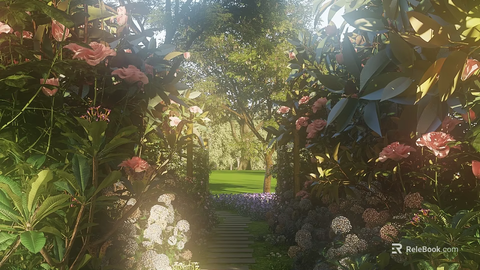 Serene Garden With Sunlit Stone Pathway Pink Roses White Hydrangeas And Lush Green Trees 3d model 